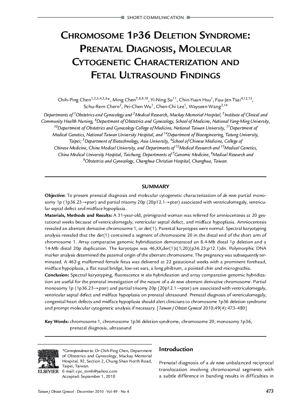 Chromosome 1p36 Deletion Syndrome: Prenatal Diagnosis, Molecular Cytogenetic Characterization and Fetal Ultrasound Findings