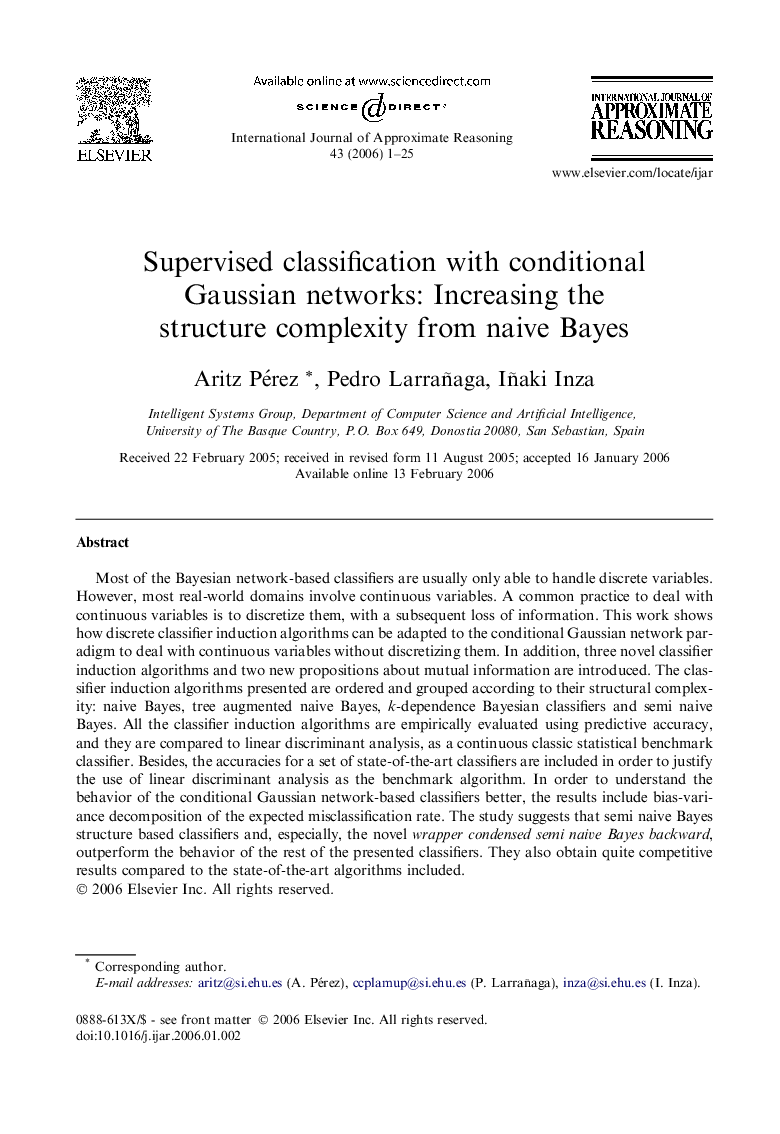 Supervised classification with conditional Gaussian networks: Increasing the structure complexity from naive Bayes