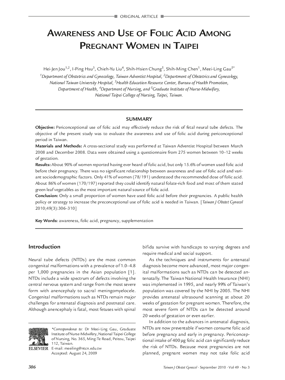 Awareness and Use of Folic Acid Among Pregnant Women in Taipei