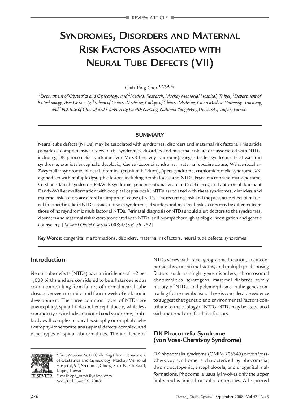 Syndromes, Disorders and Maternal Risk Factors Associated With Neural Tube Defects (VII)