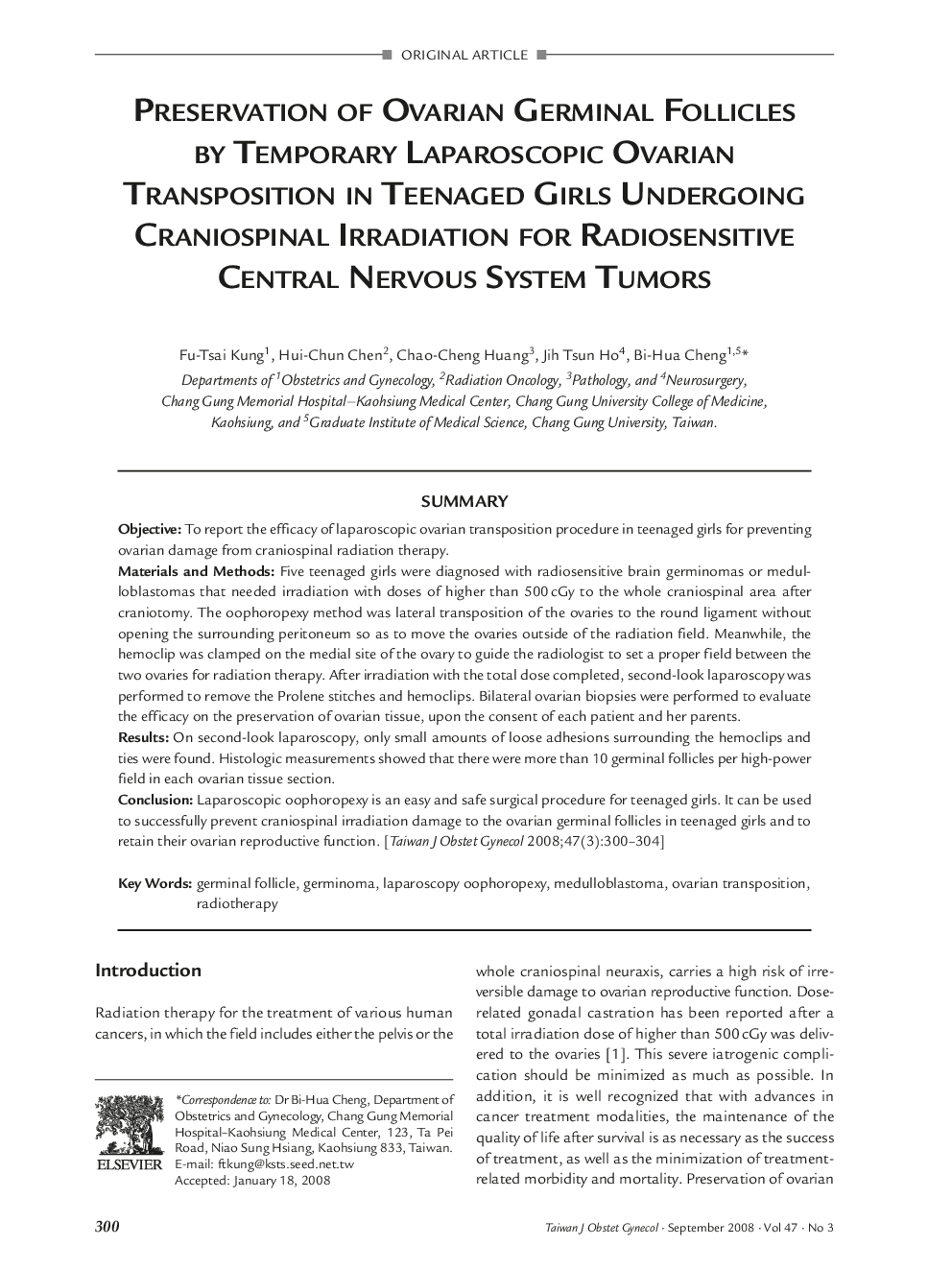 Preservation of Ovarian Germinal Follicles by Temporary Laparoscopic Ovarian Transposition in Teenaged Girls Undergoing Craniospinal Irradiation for Radiosensitive Central Nervous System Tumors