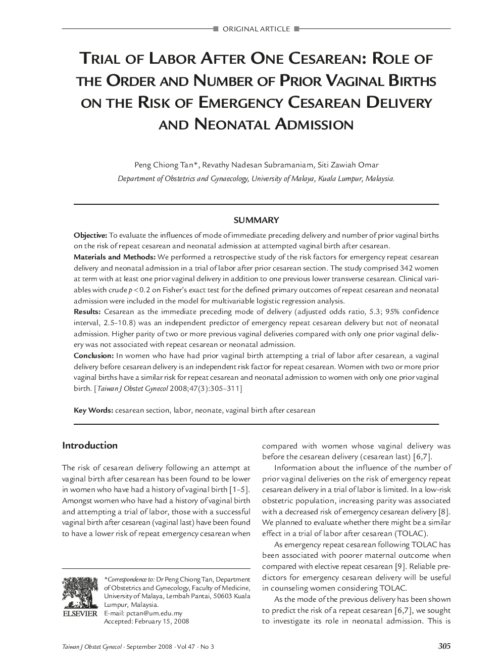 Trial of Labor After One Cesarean: Role of the Order and Number of Prior Vaginal Births on the Risk of Emergency Cesarean Delivery and Neonatal Admission