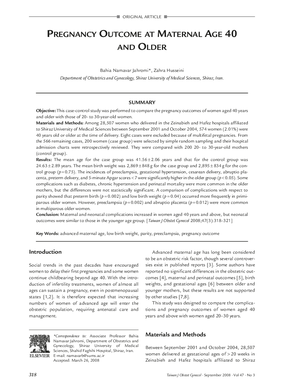 Pregnancy Outcome at Maternal Age 40 and Older