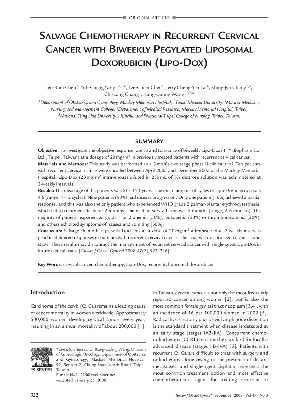 Salvage Chemotherapy in Recurrent Cervical Cancer With Biweekly Pegylated Liposomal Doxorubicin (Lipo-Dox)