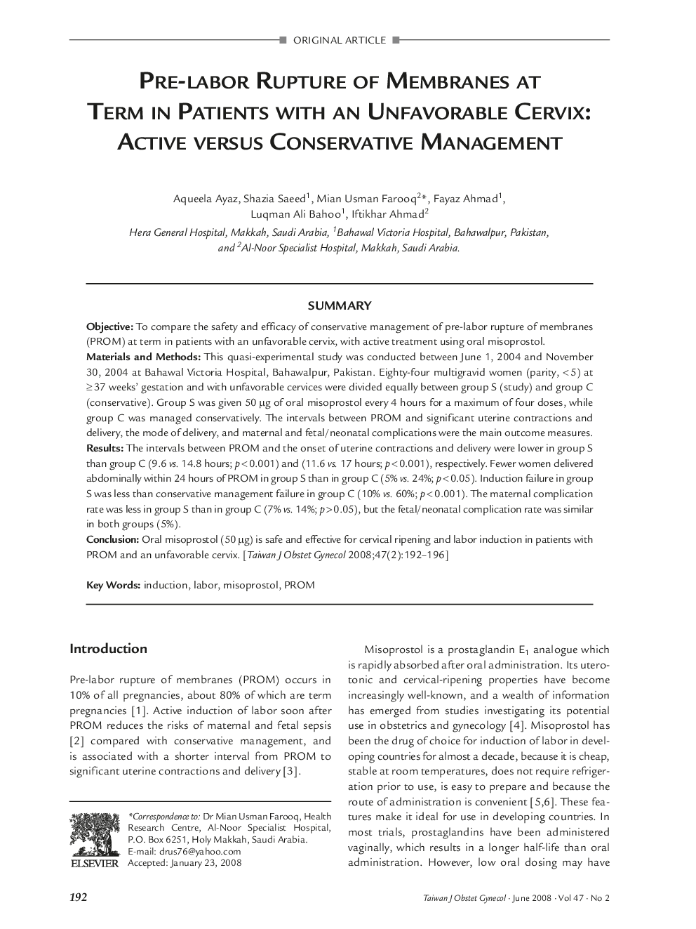 Pre-labor Rupture of Membranes at Term in Patients with an Unfavorable Cervix: Active versus Conservative Management