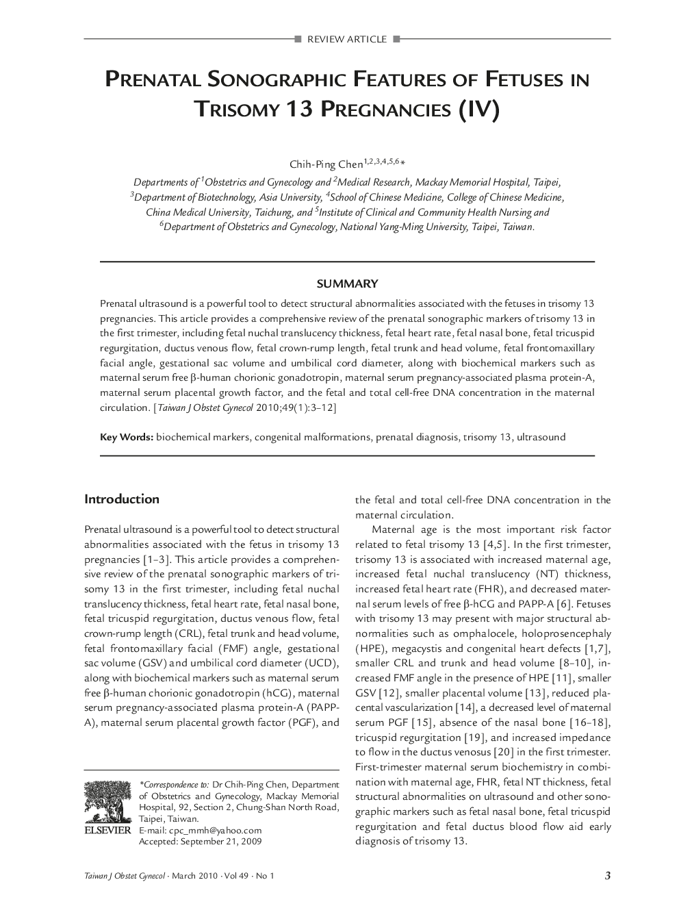 Prenatal Sonographic Features of Fetuses in Trisomy 13 Pregnancies (IV)