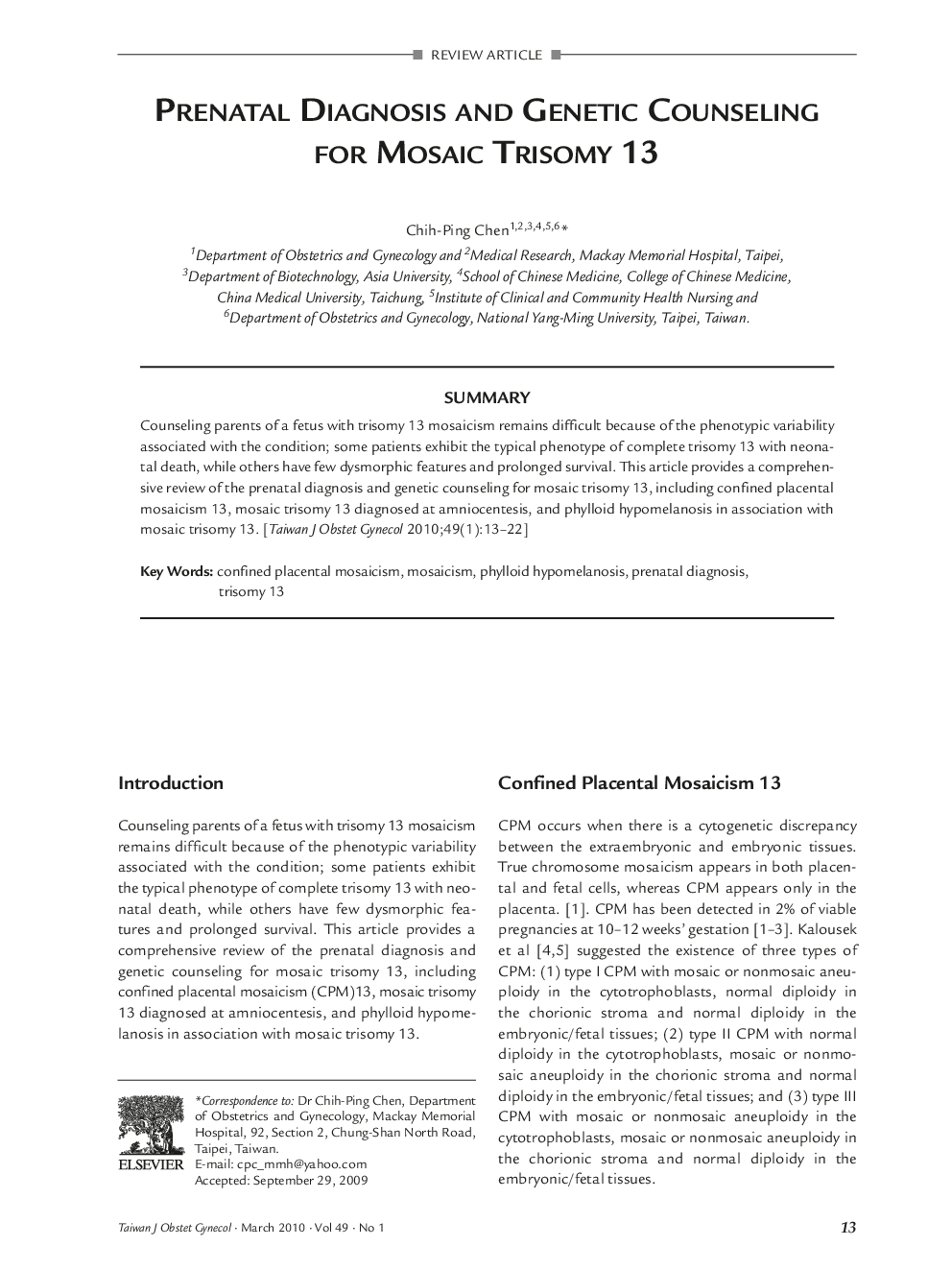 Prenatal Diagnosis and Genetic Counseling for Mosaic Trisomy 13