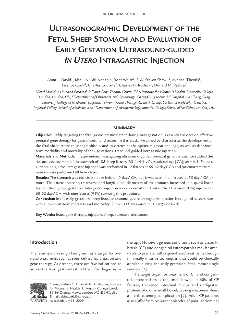 Ultrasonographic Development of the Fetal Sheep Stomach and Evaluation of Early Gestation Ultrasound-guided In Utero Intragastric Injection