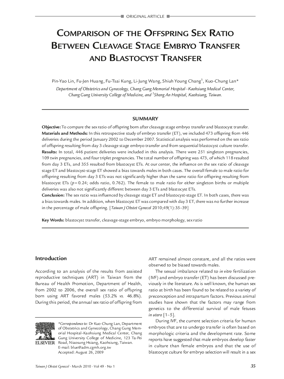 Comparison of the Offspring Sex Ratio Between Cleavage Stage Embryo Transfer and Blastocyst Transfer