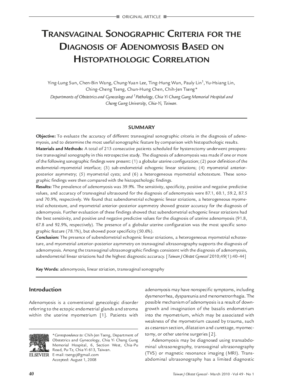 Transvaginal Sonographic Criteria for the Diagnosis of Adenomyosis Based on Histopathologic Correlation