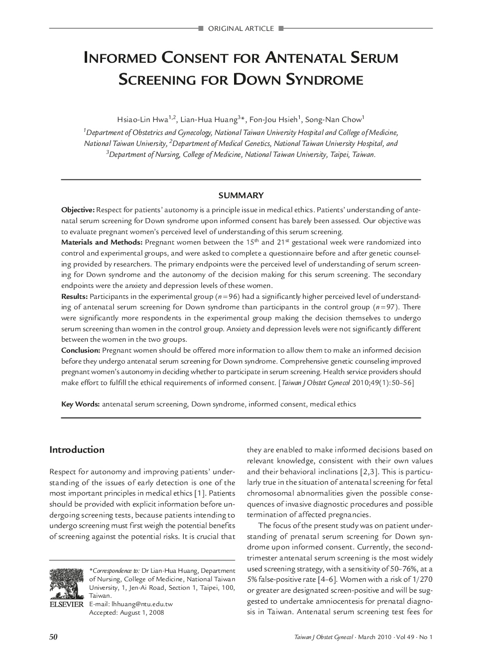 Informed Consent for Antenatal Serum Screening for Down Syndrome