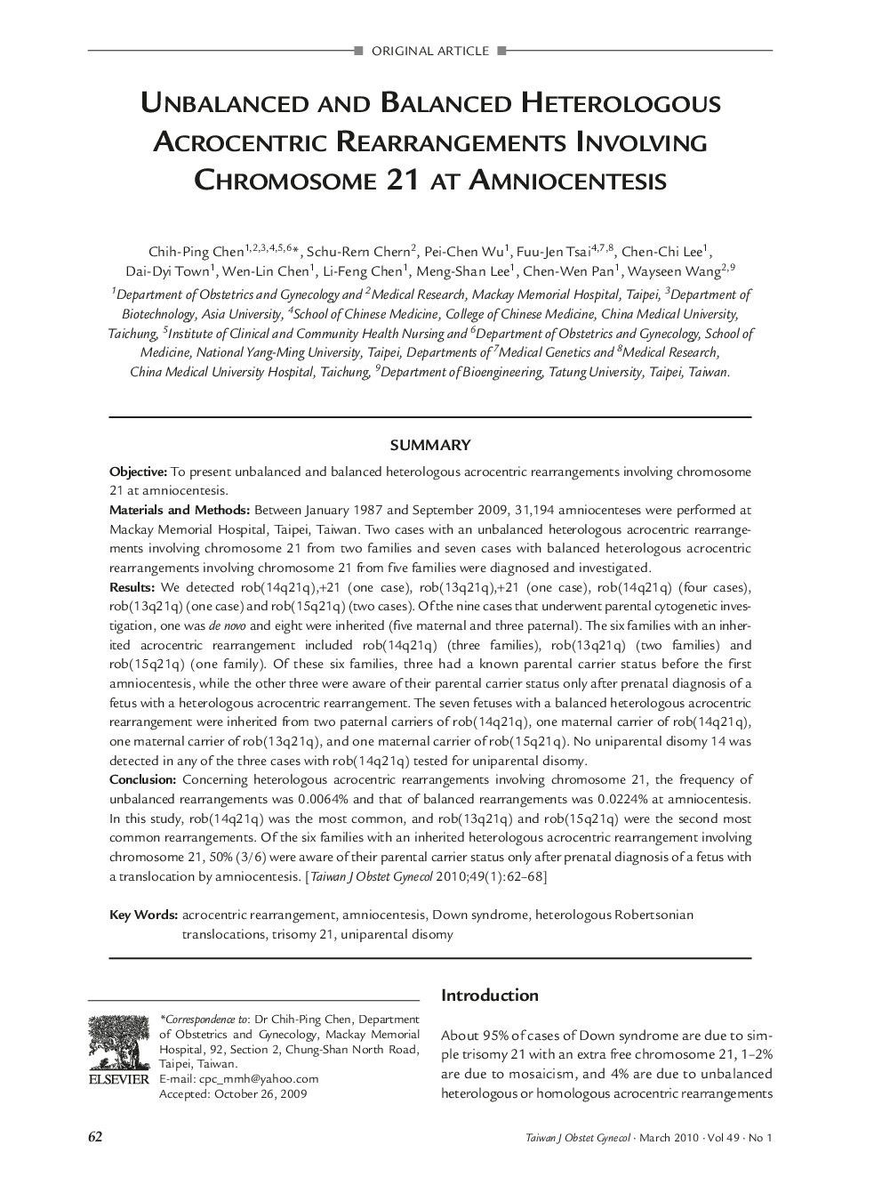 Unbalanced and Balanced Heterologous Acrocentric Rearrangements Involving Chromosome 21 at Amniocentesis