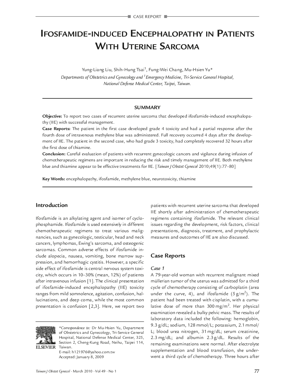 Ifosfamide-induced Encephalopathy in Patients With Uterine Sarcoma