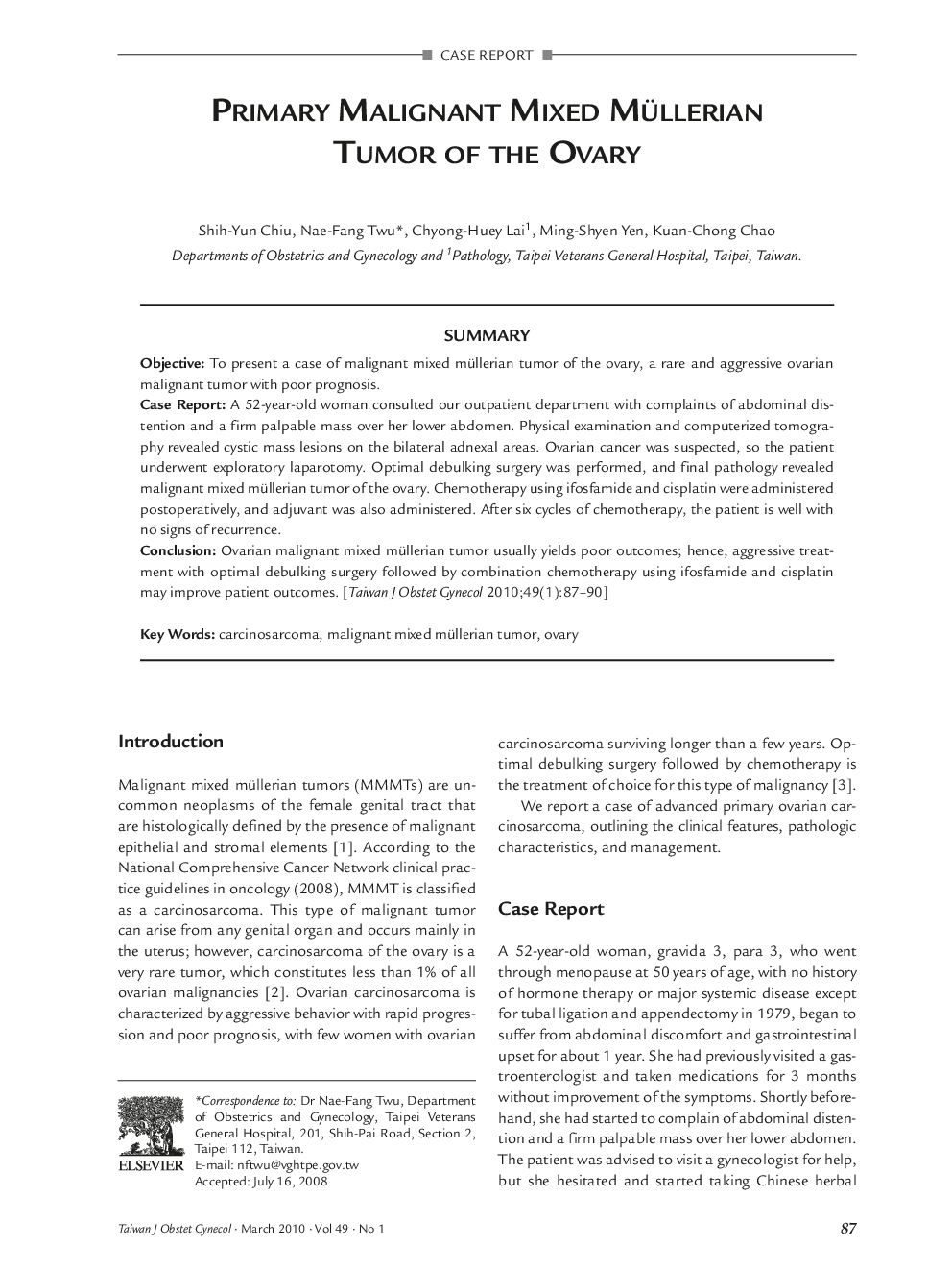 Primary Malignant Mixed Müllerian Tumor of the Ovary