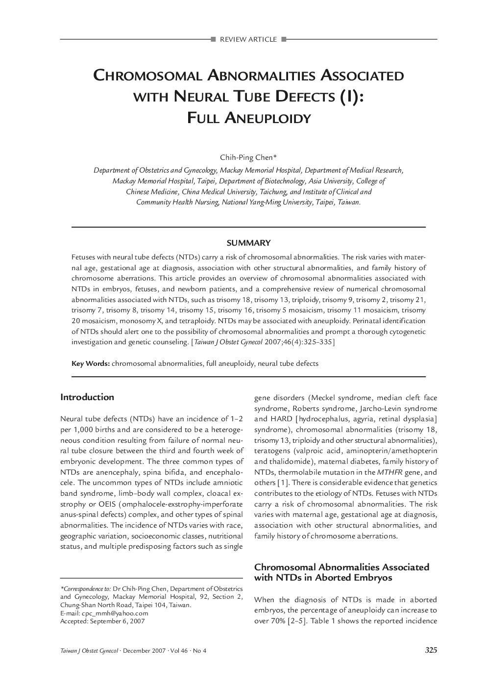 Chromosomal Abnormalities Associated with Neural Tube Defects (I): Full Aneuploidy