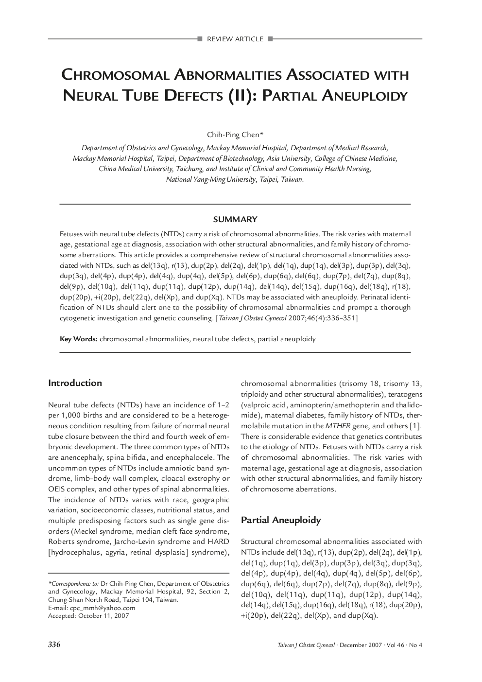 Chromosomal Abnormalities Associated with Neural Tube Defects (II): Partial Aneuploidy