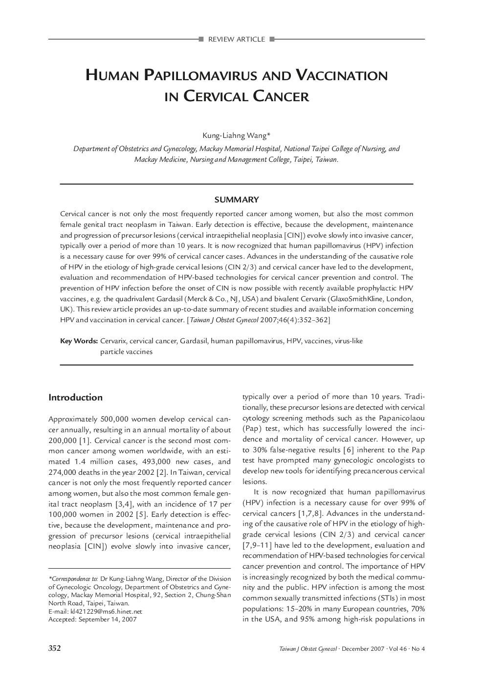 Human Papillomavirus and Vaccination in Cervical Cancer