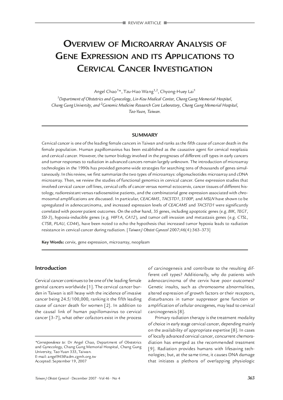 Overview of Microarray Analysis of Gene Expression and its Applications to Cervical Cancer Investigation