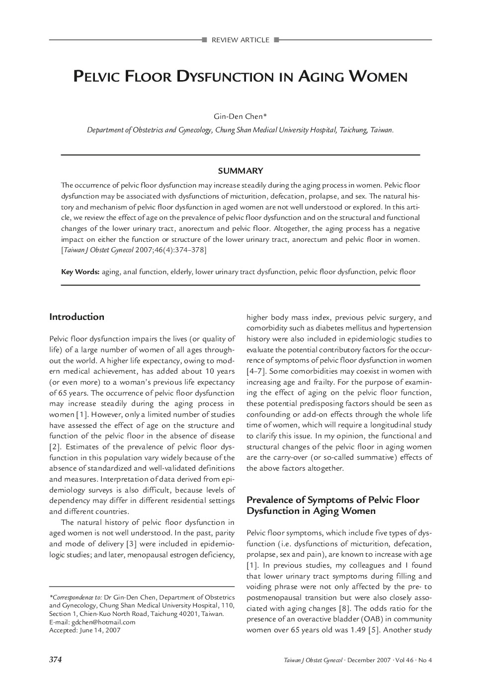 Pelvic Floor Dysfunction in Aging Women