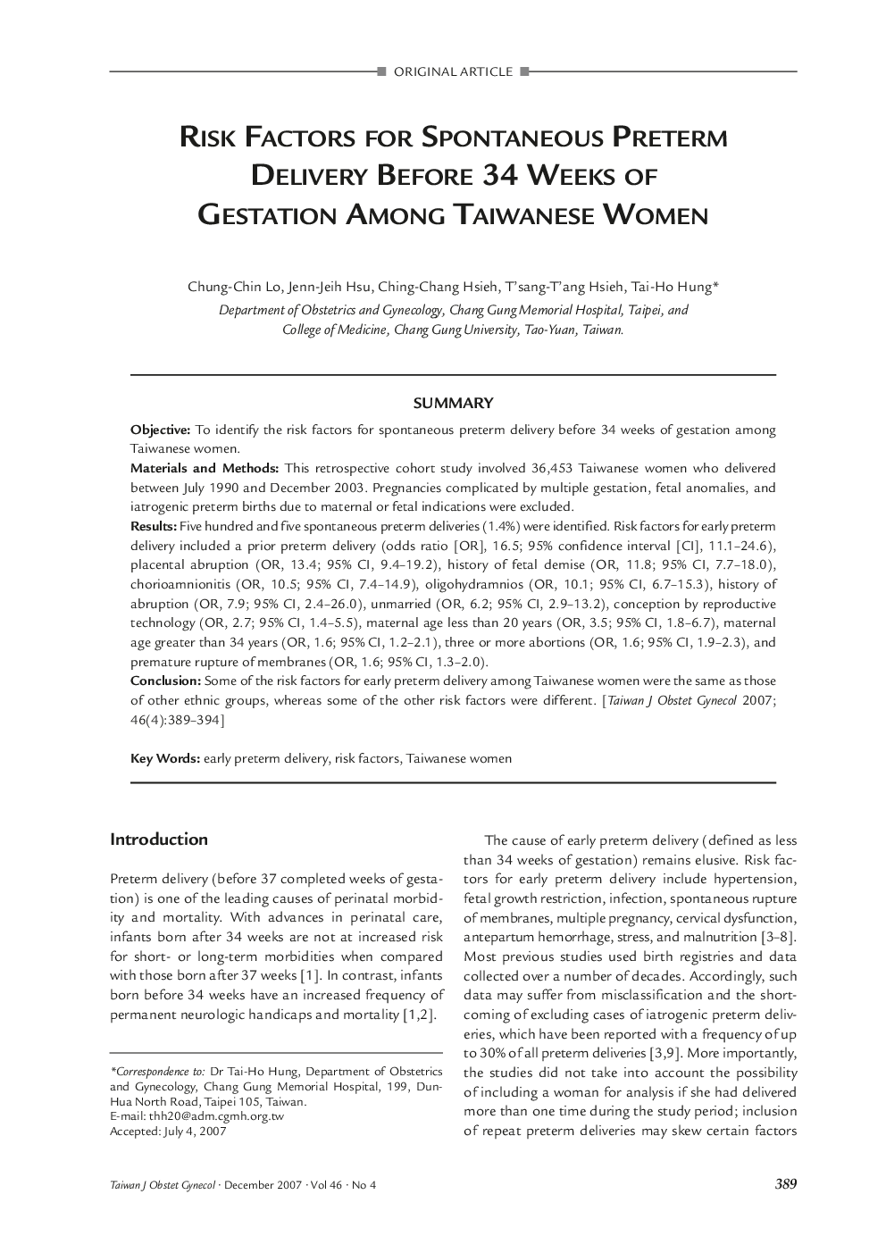 Risk Factors for Spontaneous Preterm Delivery Before 34 Weeks of Gestation Among Taiwanese Women