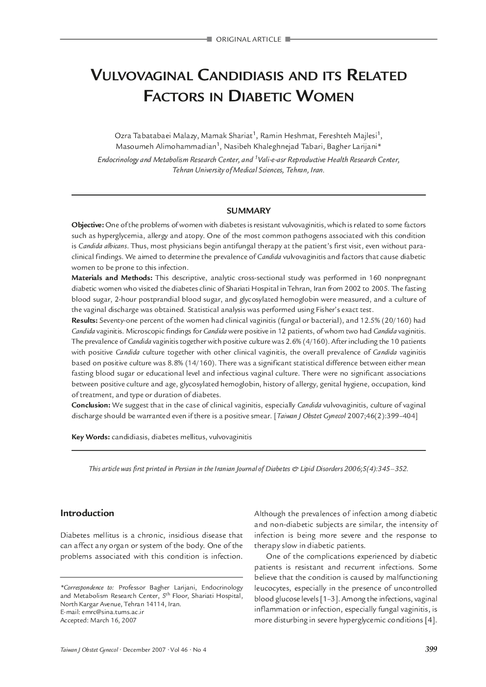 Vulvovaginal Candidiasis and its Related Factors in Diabetic Women 