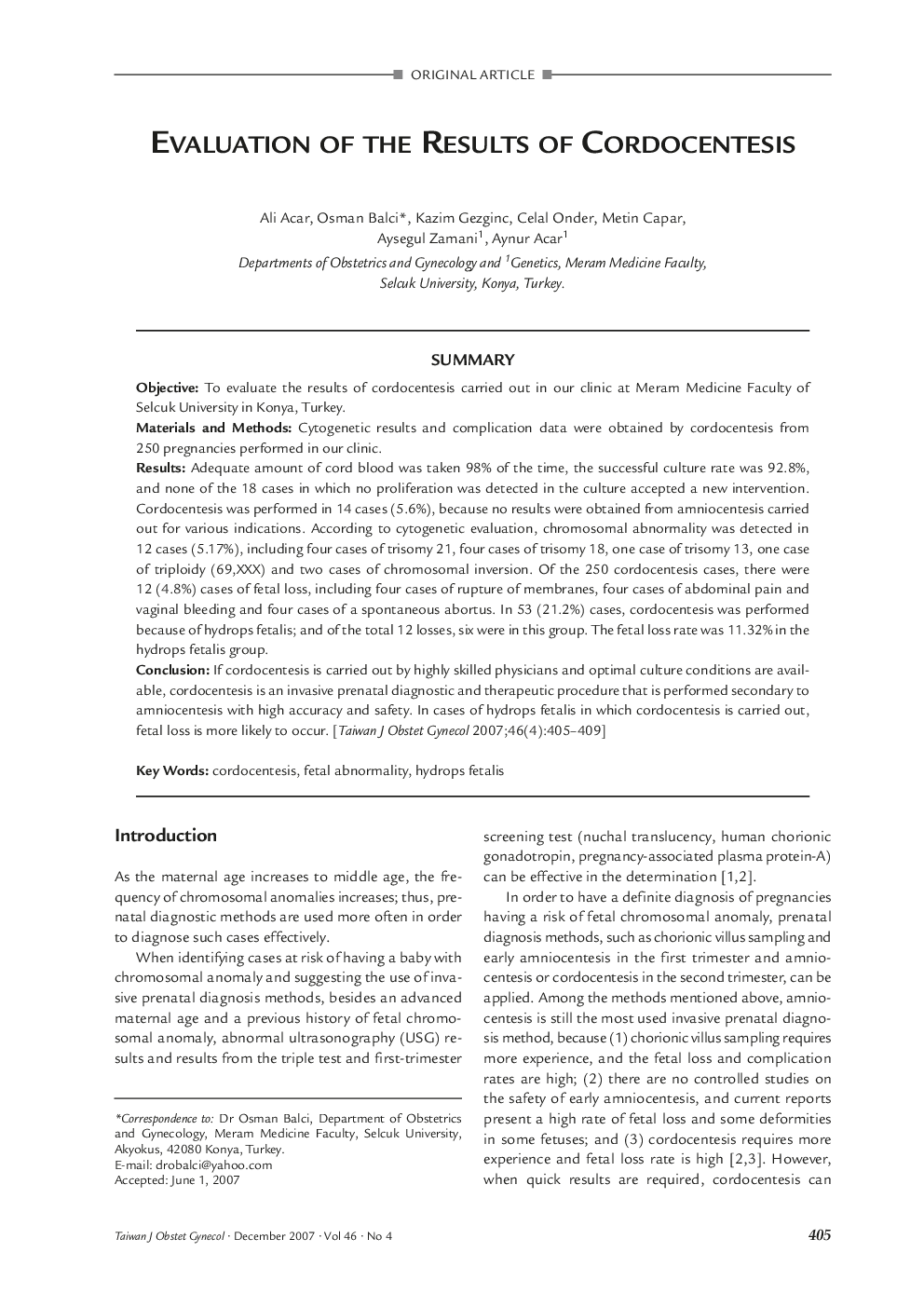 Evaluation of the Results of Cordocentesis