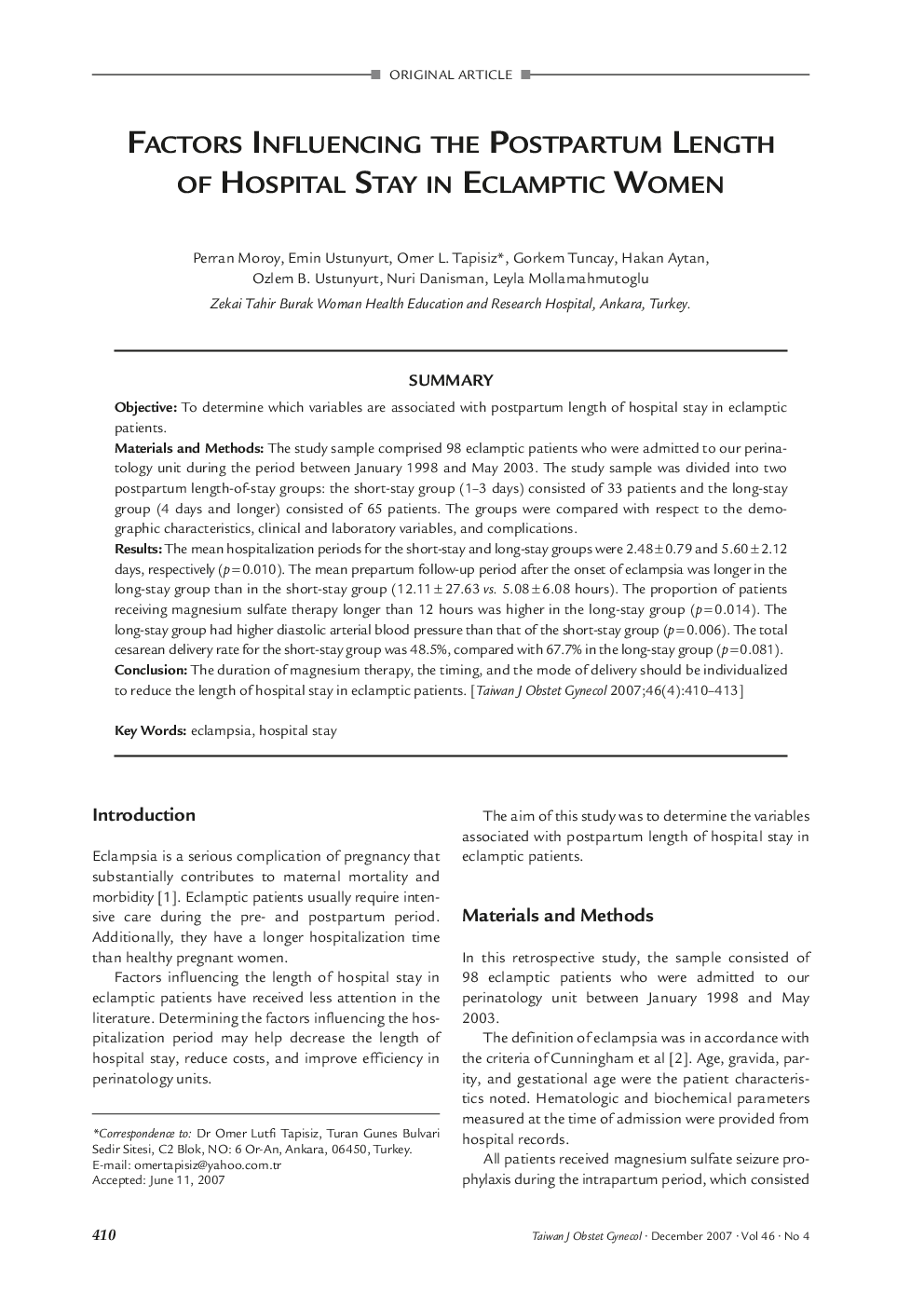 Factors Influencing the Postpartum Length of Hospital Stay in Eclamptic Women