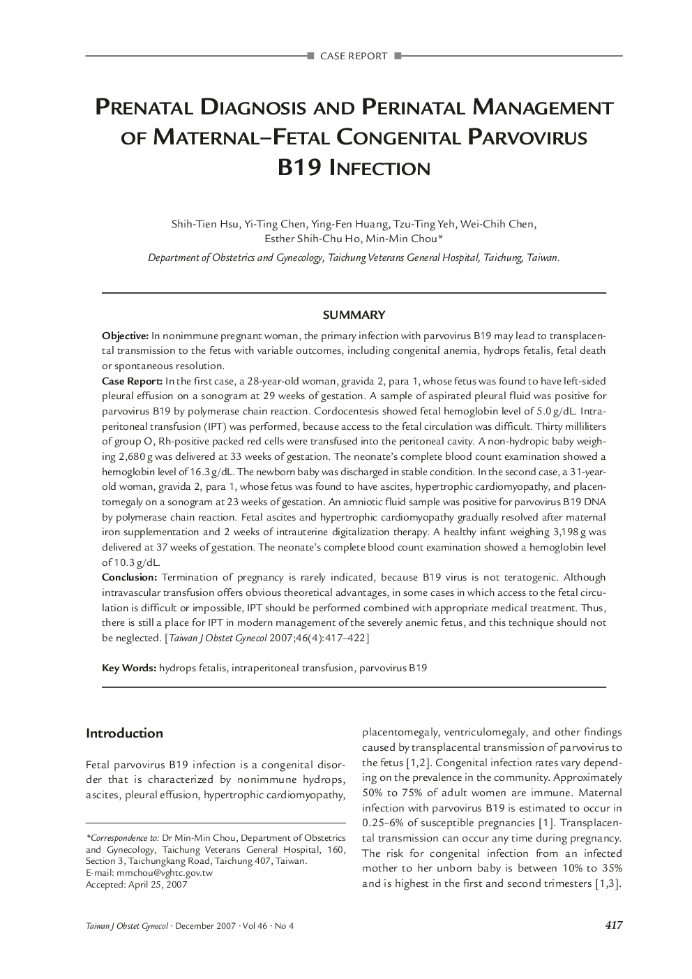 Prenatal Diagnosis and Perinatal Management of Maternal—Fetal Congenital Parvovirus B19 Infection