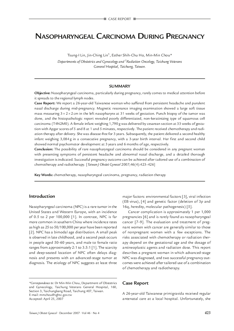 Nasopharyngeal Carcinoma During Pregnancy