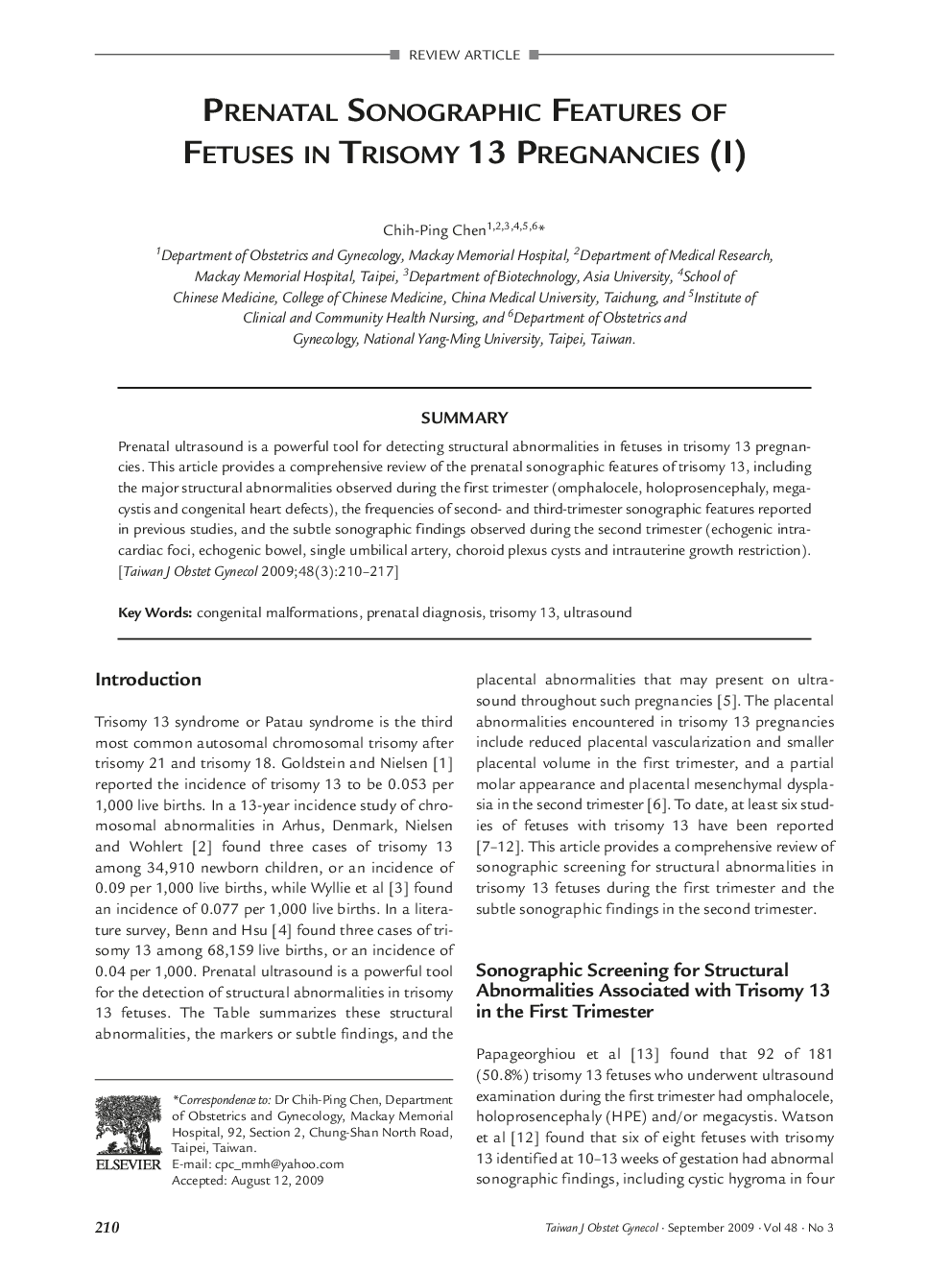 Prenatal Sonographic Features of Fetuses in Trisomy 13 Pregnancies (I)