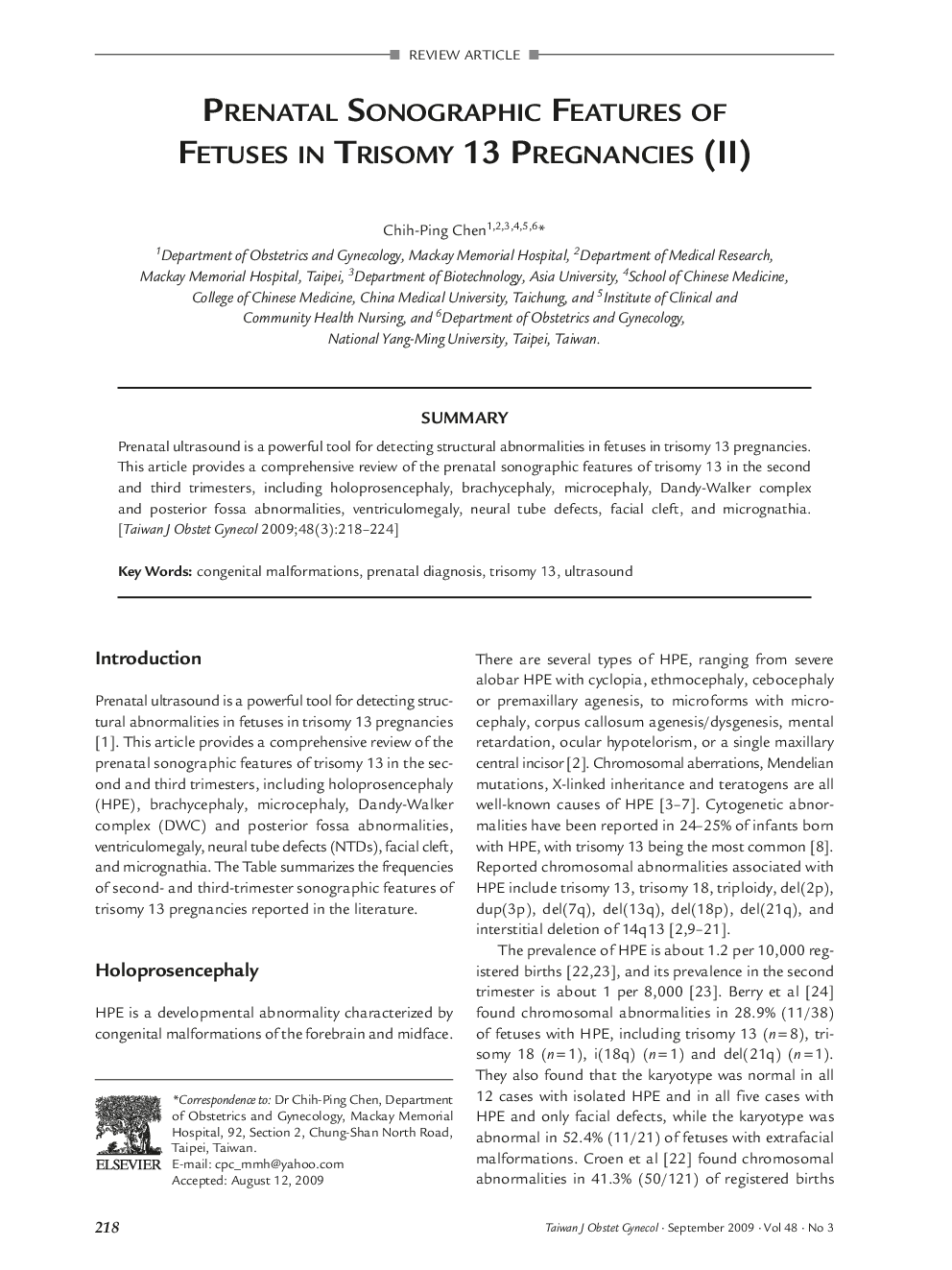 Prenatal Sonographic Features of Fetuses in Trisomy 13 Pregnancies (II)