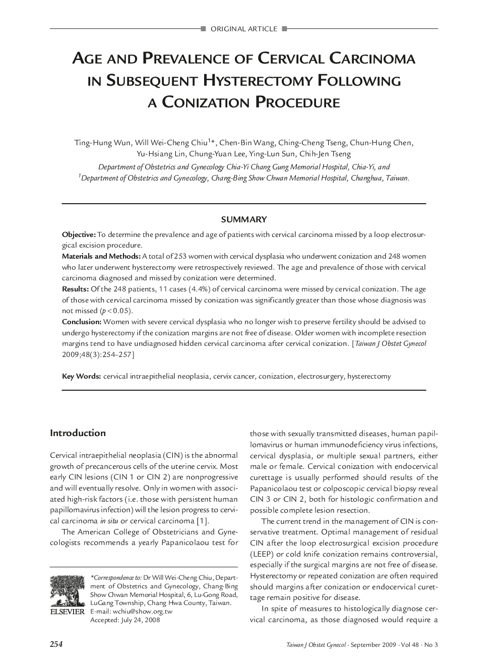 Age and Prevalence of Cervical Carcinoma in Subsequent Hysterectomy Following a Conization Procedure