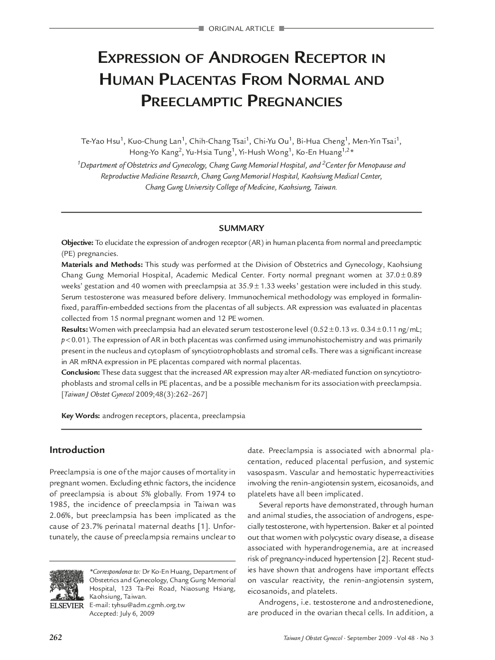 Expression of Androgen Receptor in Human Placentas from Normal and Preeclamptic Pregnancies