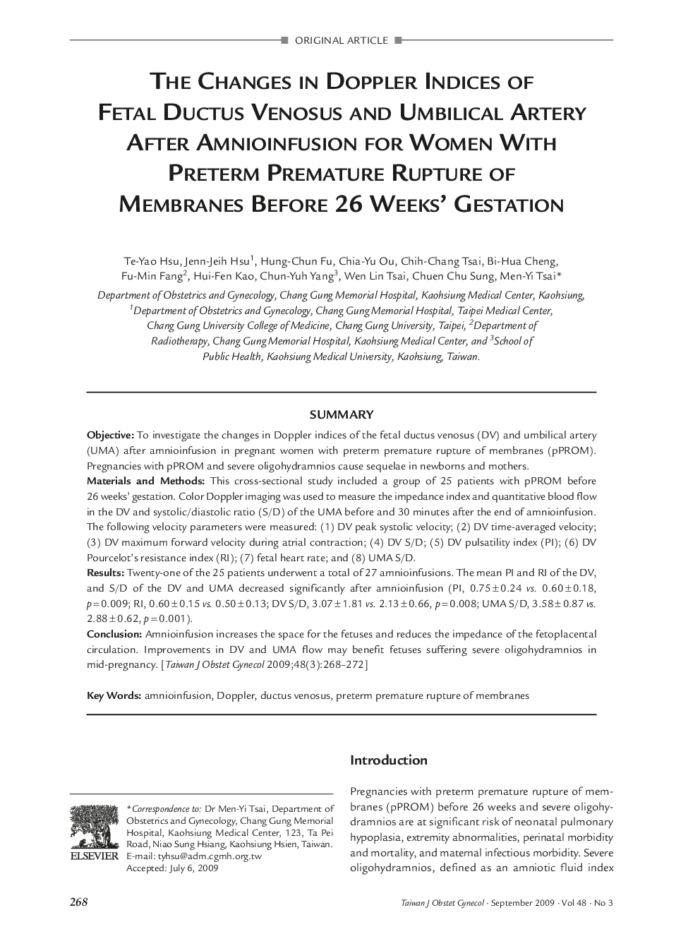 The Changes in Doppler Indices of Fetal Ductus Venosus and Umbilical Artery After Amnioinfusion for Women With Preterm Premature Rupture of Membranes Before 26 Weeks' Gestation