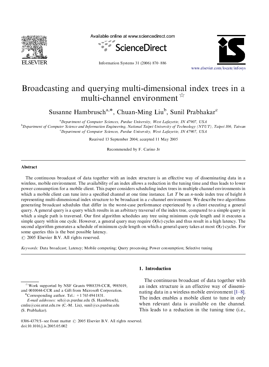 عکس صفحه اول مقاله: Broadcasting and querying multi-dimensional index trees in a multi-channel environment Broadcasting and querying multi-dimensional index trees in a multi-channel environment