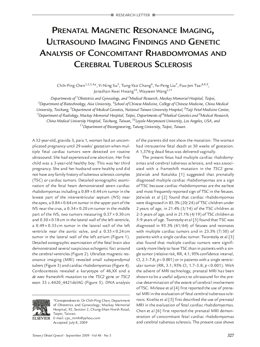 Prenatal Magnetic Resonance Imaging, Ultrasound Imaging Findings and Genetic Analysis of Concomitant Rhabdomyomas and Cerebral Tuberous Sclerosis