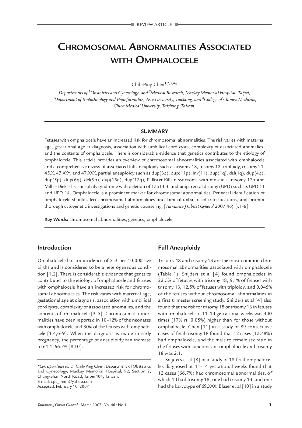 Chromosomal Abnormalities Associated With Omphalocele