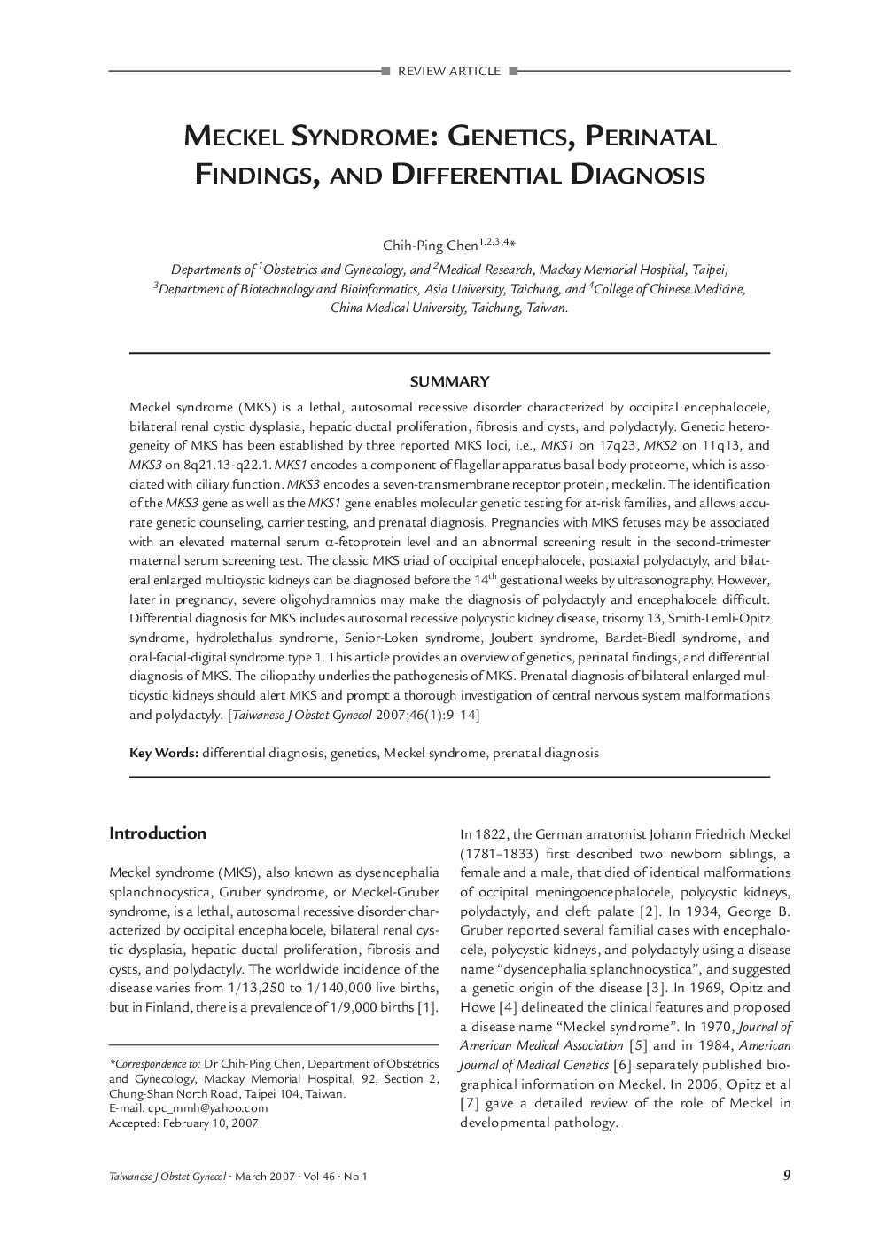 Meckel Syndrome: Genetics, Perinatal Findings, and Differential Diagnosis