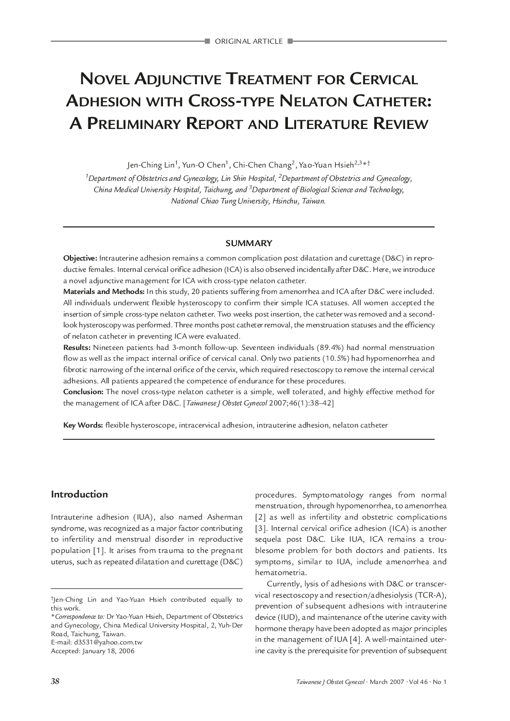 Novel Adjunctive Treatment for Cervical Adhesion with Cross-Type Nelaton Catheter: A Preliminary Report and Literature Review