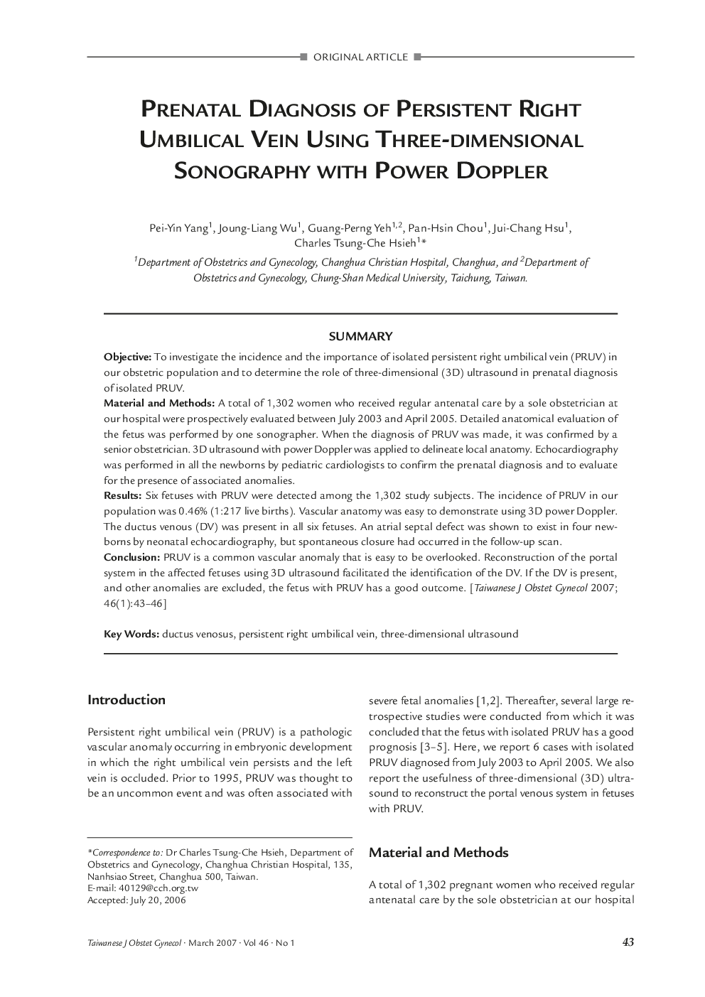 Prenatal Diagnosis of Persistent Right Umbilical Vein Using Three-dimensional Sonography with Power Doppler