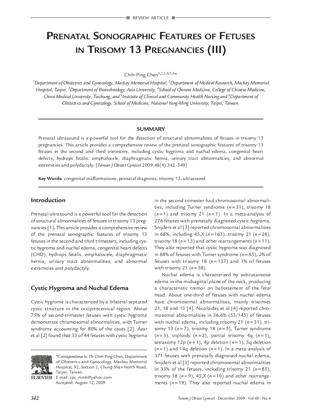 Prenatal Sonographic Features of Fetuses in Trisomy 13 Pregnancies (III)