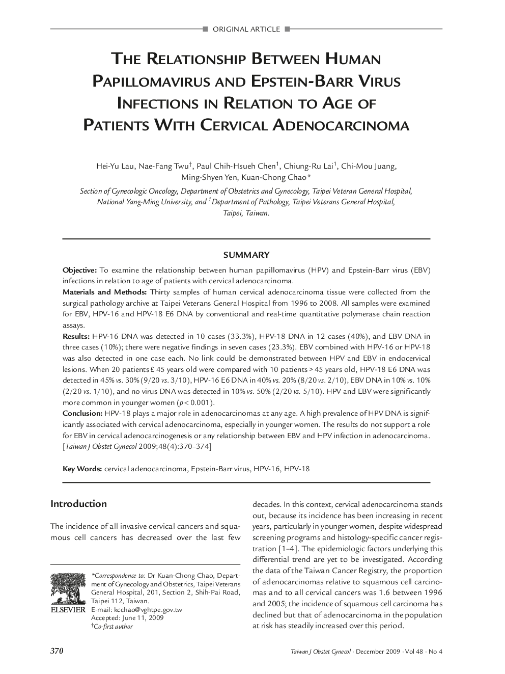 The Relationship Between Human Papillomavirus and Epstein-Barr Virus Infections in Relation to Age Of Patients With Cervical Adenocarcinoma