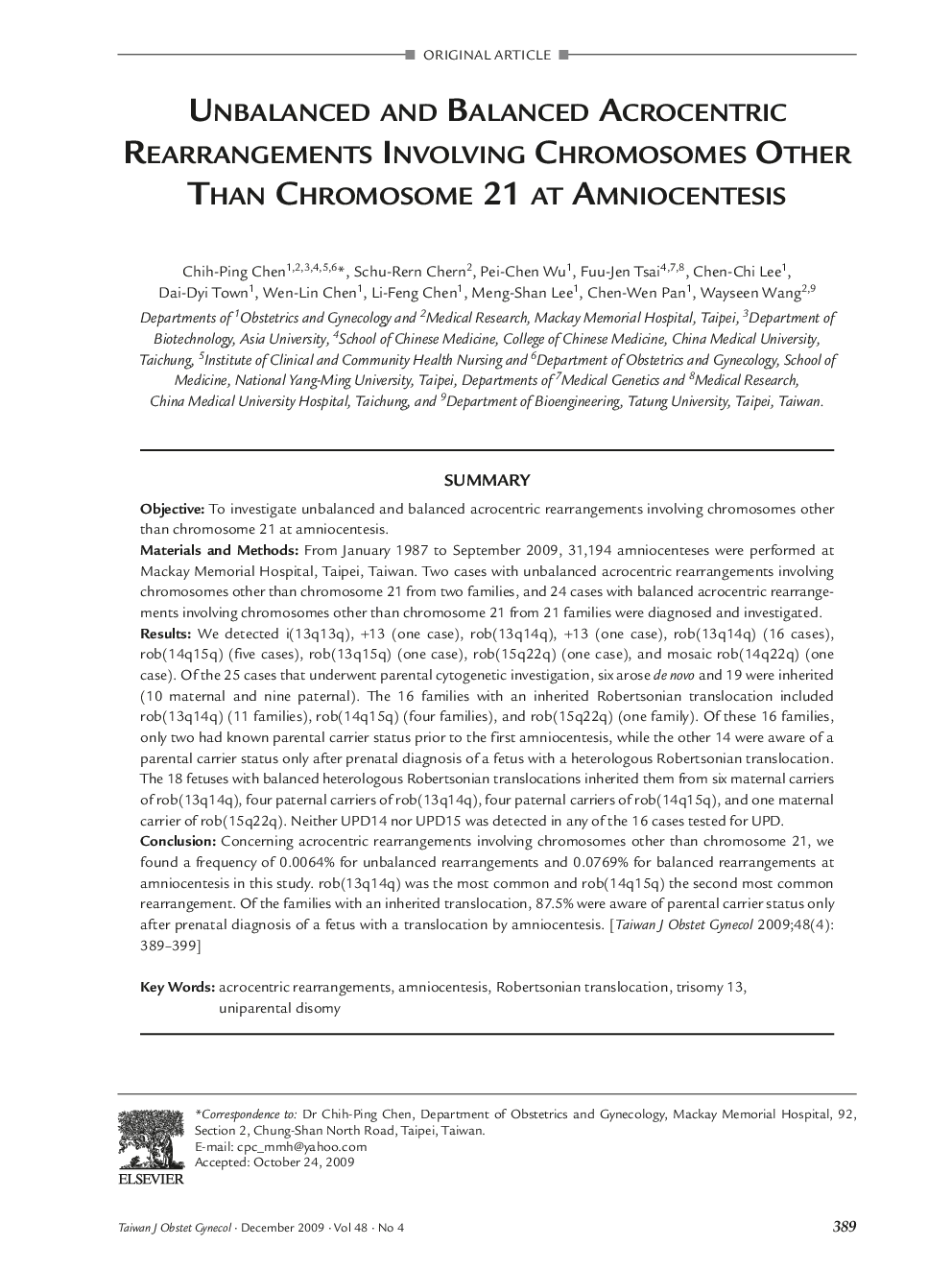 Unbalanced and Balanced Acrocentric Rearrangements Involving Chromosomes Other Than Chromosome 21 at Amniocentesis