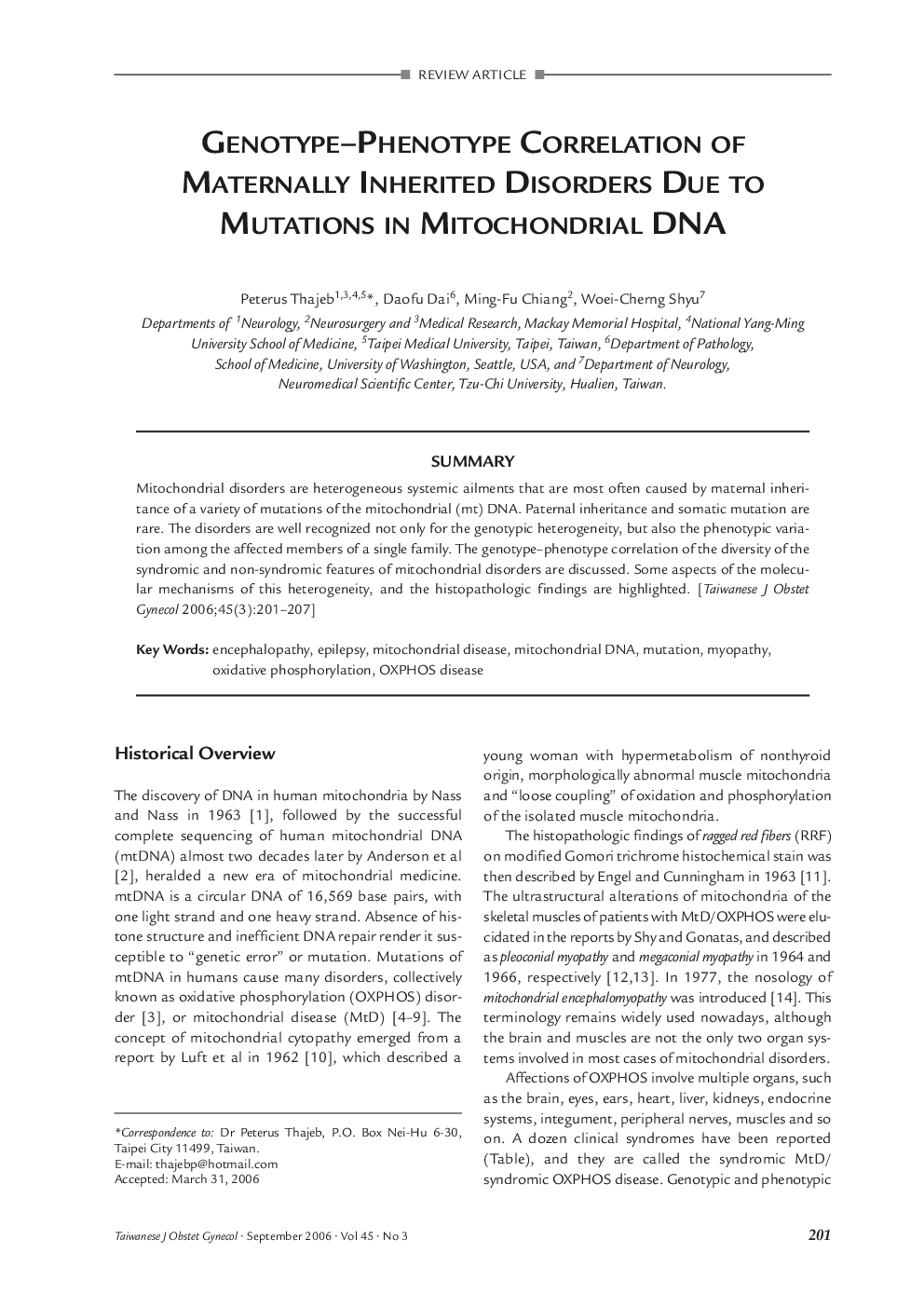 Genotype-Phenotype Correlation of Maternally Inherited Disorders due to Mutations in Mitochondrial DNA