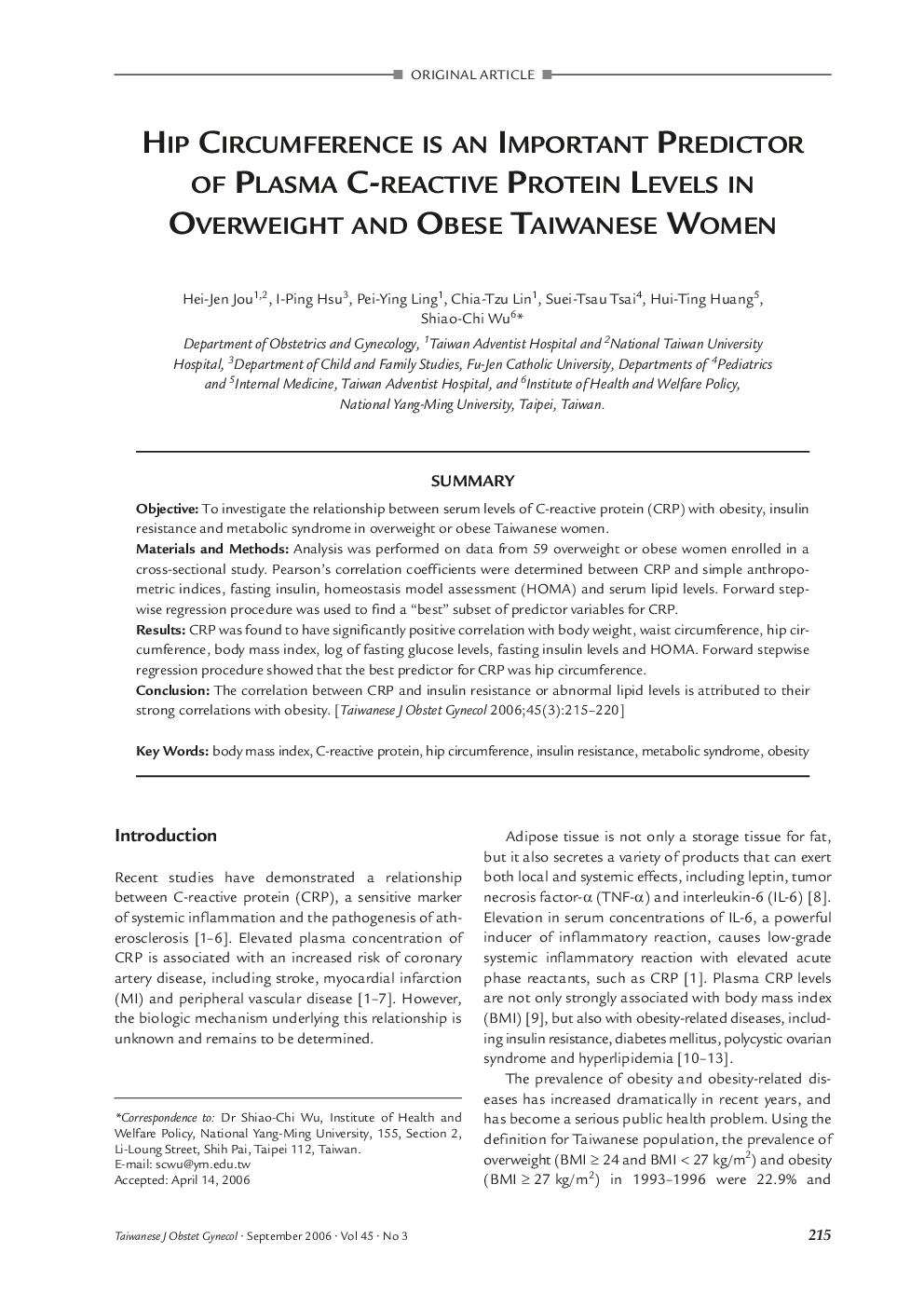 Hip Circumference is an Important Predictor of Plasma C-reactive Protein Levels in Overweight and Obese Taiwanese Women