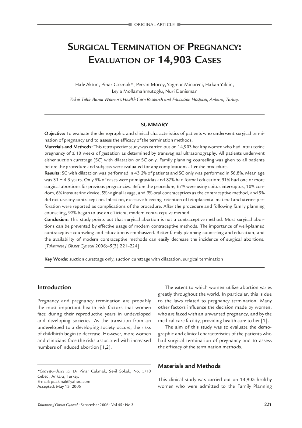 Surgical Termination of Pregnancy: Evaluation of 14,903 Cases