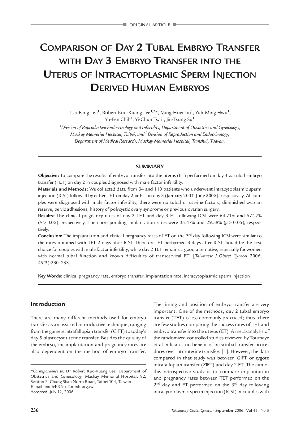 Comparison of Day 2 Tubal Embryo Transfer with Day 3 Embryo Transfer into the Uterus of Intracytoplasmic Sperm Injection Derived Human Embryos