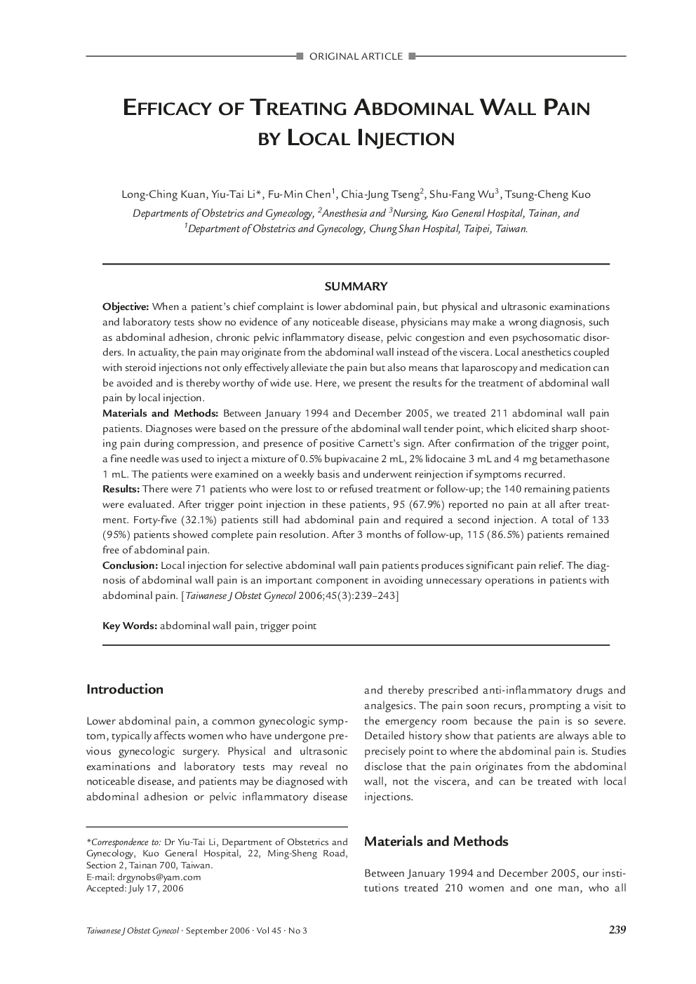 Efficacy of Treating Abdominal Wall Pain by Local Injection