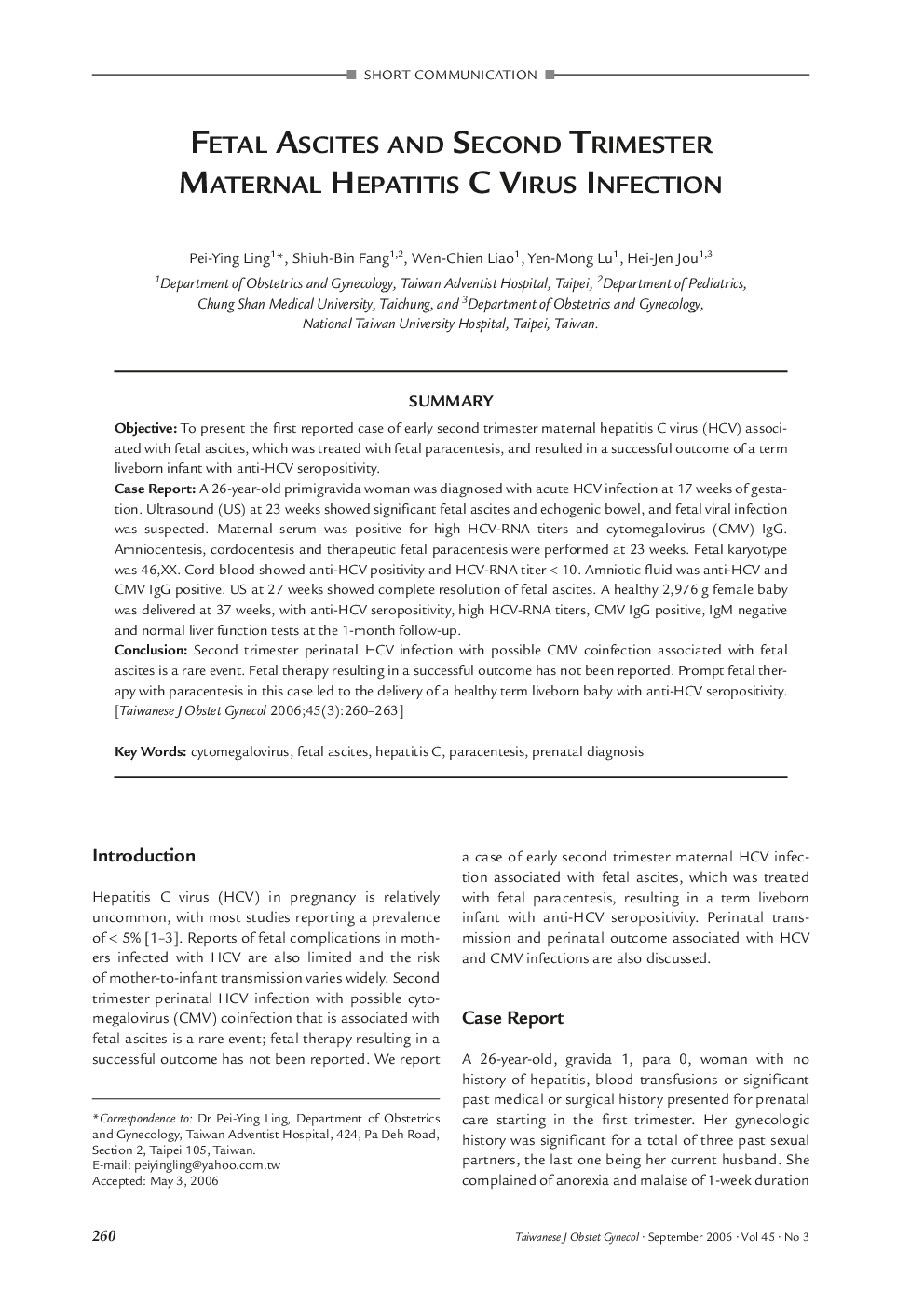 Fetal Ascites and Second Trimester Maternal Hepatitis C Virus Infection