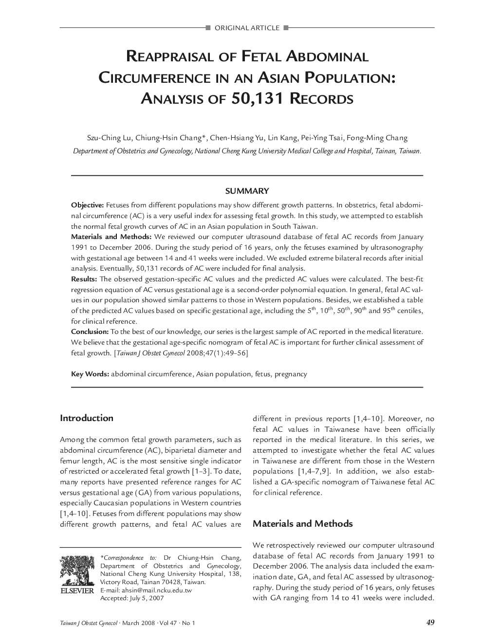 Reappraisal of Fetal Abdominal Circumference in an Asian Population: Analysis of 50,131 Records